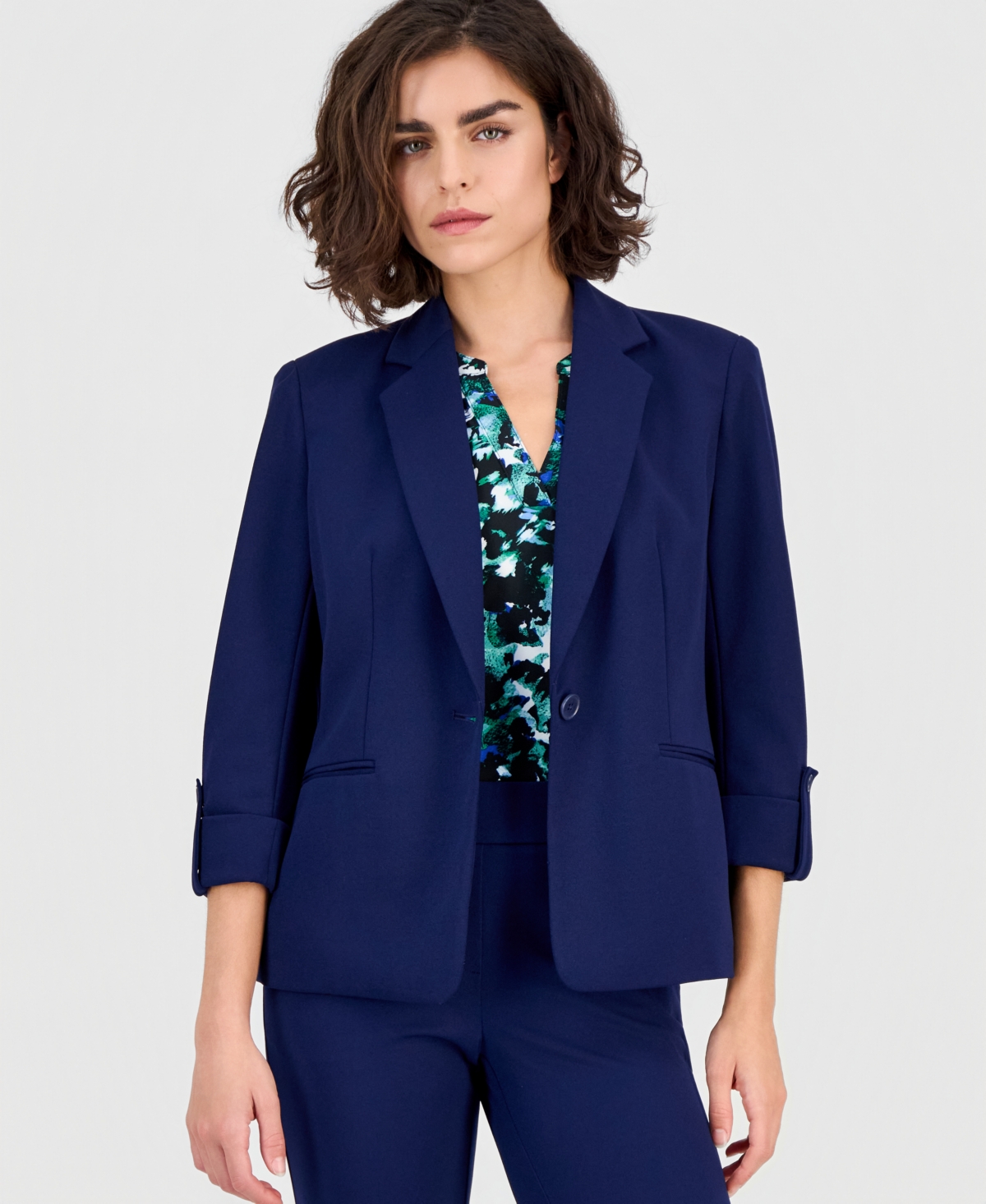 Ak Anne Klein Petite Notched-collar One-button Jacket In Blue