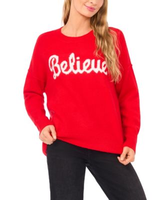 Women's "Believe" Script Cozy Crewneck Long-Sleeve Sweater