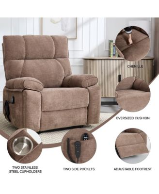 Oversized Chenille Lift Recliner with Heat & Massage, Cup Holders, Dual Motor Electric Chair for Seniors-Maison Boucle