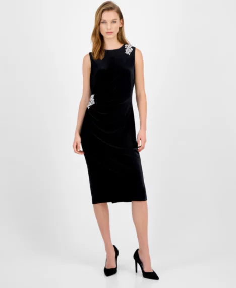 Petite Sleeveless Velvet Midi Dress - Black