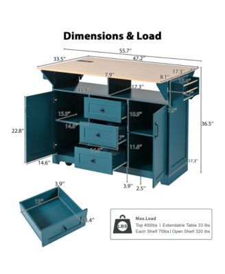 55.7" Rolling Kitchen Island with Dual Drop Leaves, Power Outlet, Storage Drawers & Cabinets