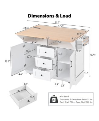 55.7" Rolling Kitchen Island with Dual Drop Leaves, Power Outlet, Storage Drawers & Cabinets