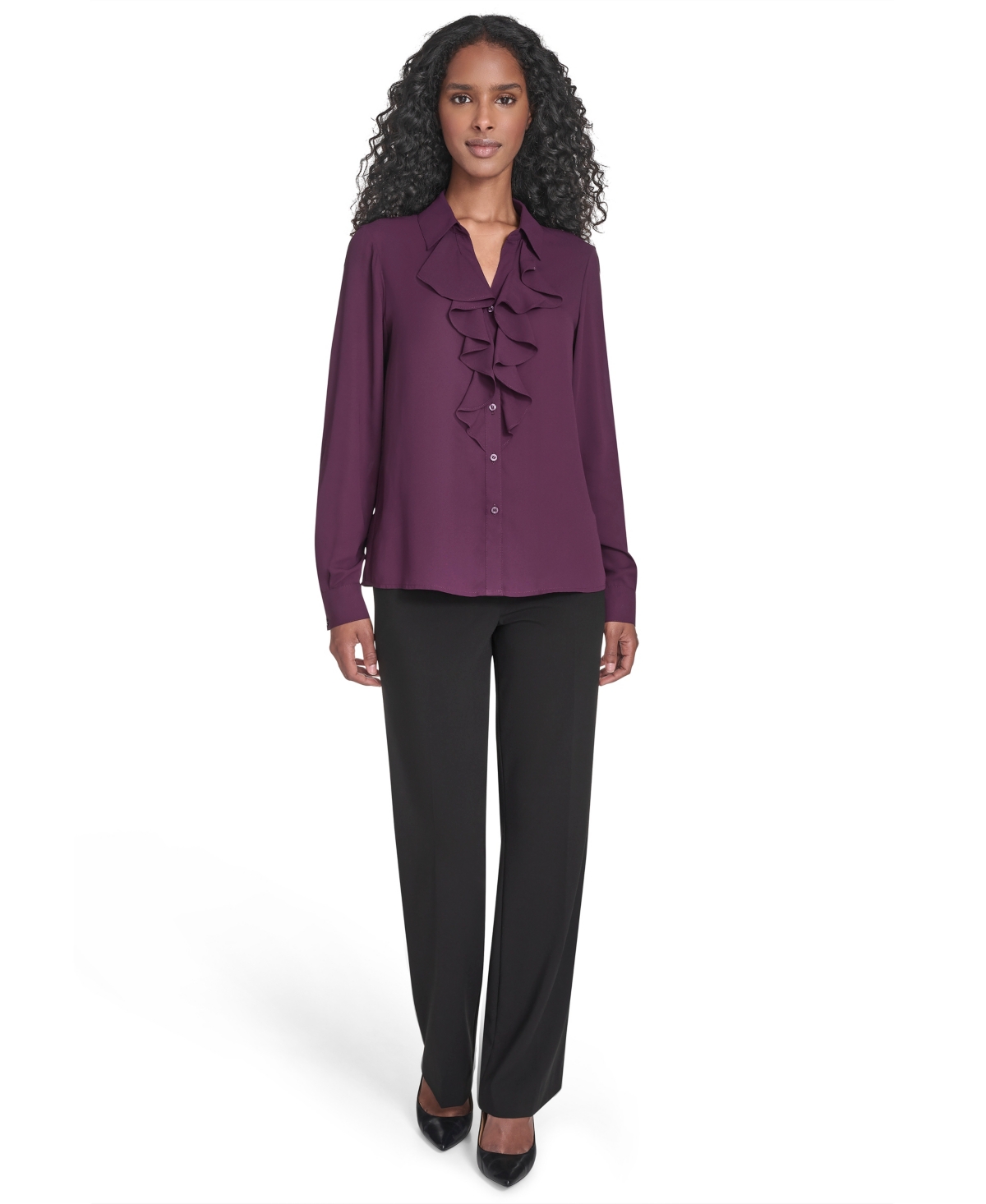 Calvin Klein Petite Solid Long Sleeve Ruffle Front Blouse