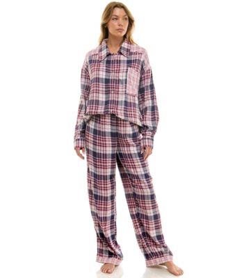 Women's 2-Piece Color Blocked Collared Pajama Set