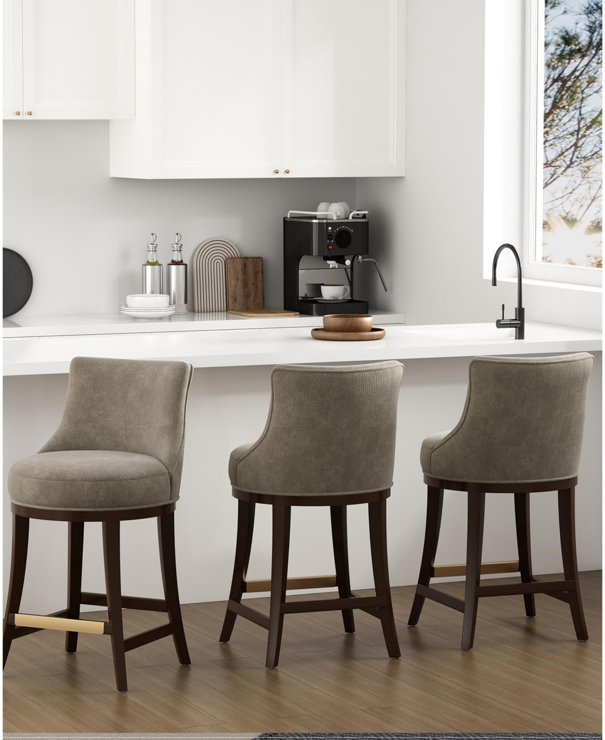 Manhattan Comfort Lucia 37.2" Chenille Upholstered Counter Stool In Brown