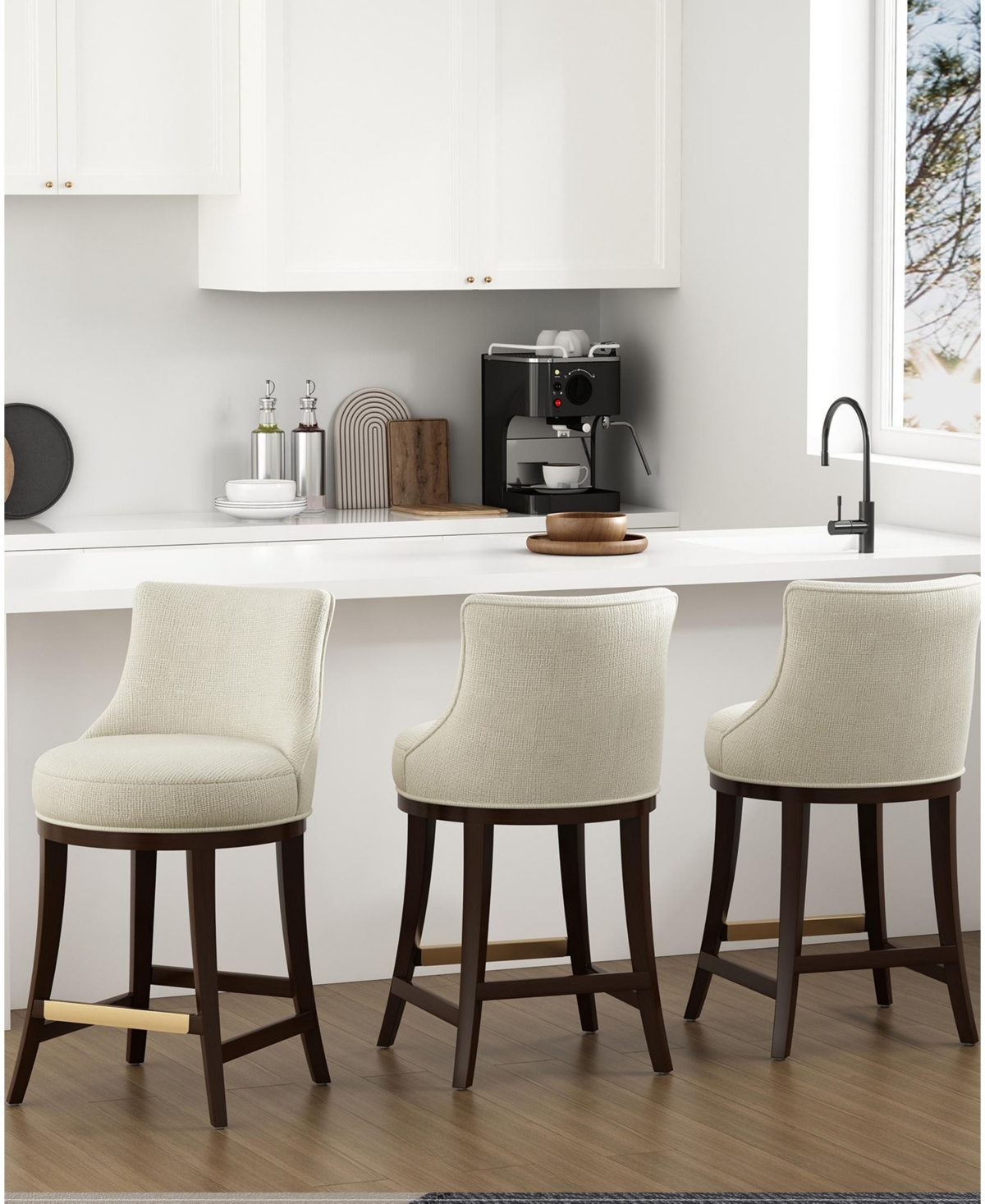 Manhattan Comfort Lucia 37.2" Chenille Upholstered Counter Stool In Brown