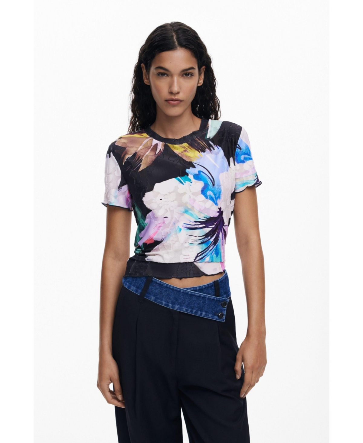 Desigual Texture Floral Top In Blue