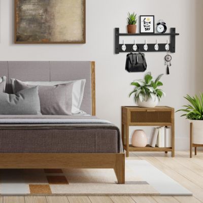 24 Inch Floating Wall Shelf with 5 Heavy Duty Hooks – for Entryway, Bathroom, Bedroom, Kitchen, or Mudroom