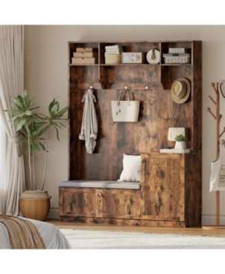 Hall Tree with Shoe Storage, 78.8" Entryway Bench with Coat Rack, with 4 Shoe Cabinet, 4 Coat Hooks, 3 Top Open Shelves, 5-in-1 Freestanding Coat Rack for Hallway, Bedroom, Living Room