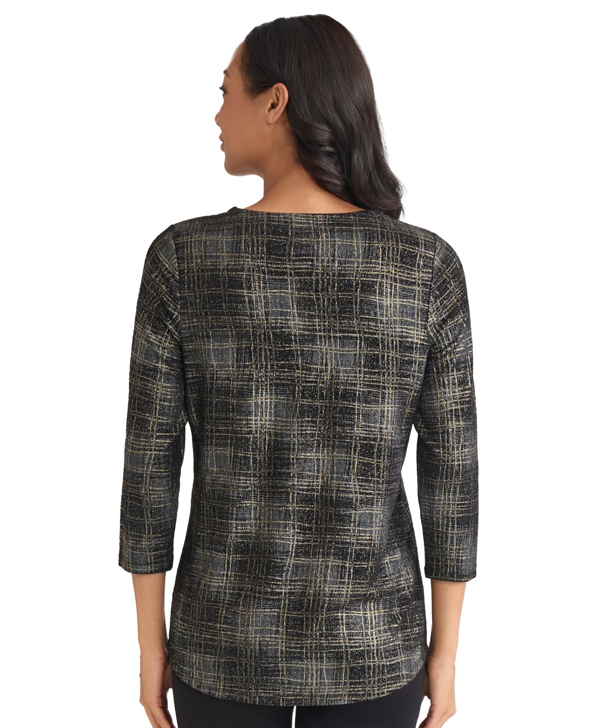 Jones New York Petite Two Tone Keyhole V-neck Top In Black