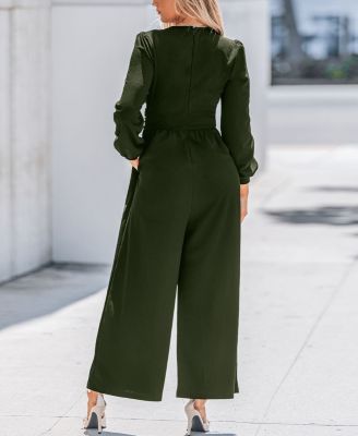 Women's Plunging Long Sleeve Wide Leg Jumpsuit