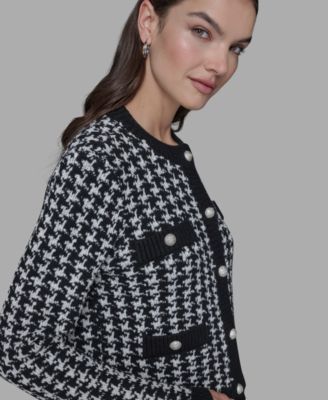 Women's Houndstooth Long Sleeve Cardigan with Embellished Button Detail