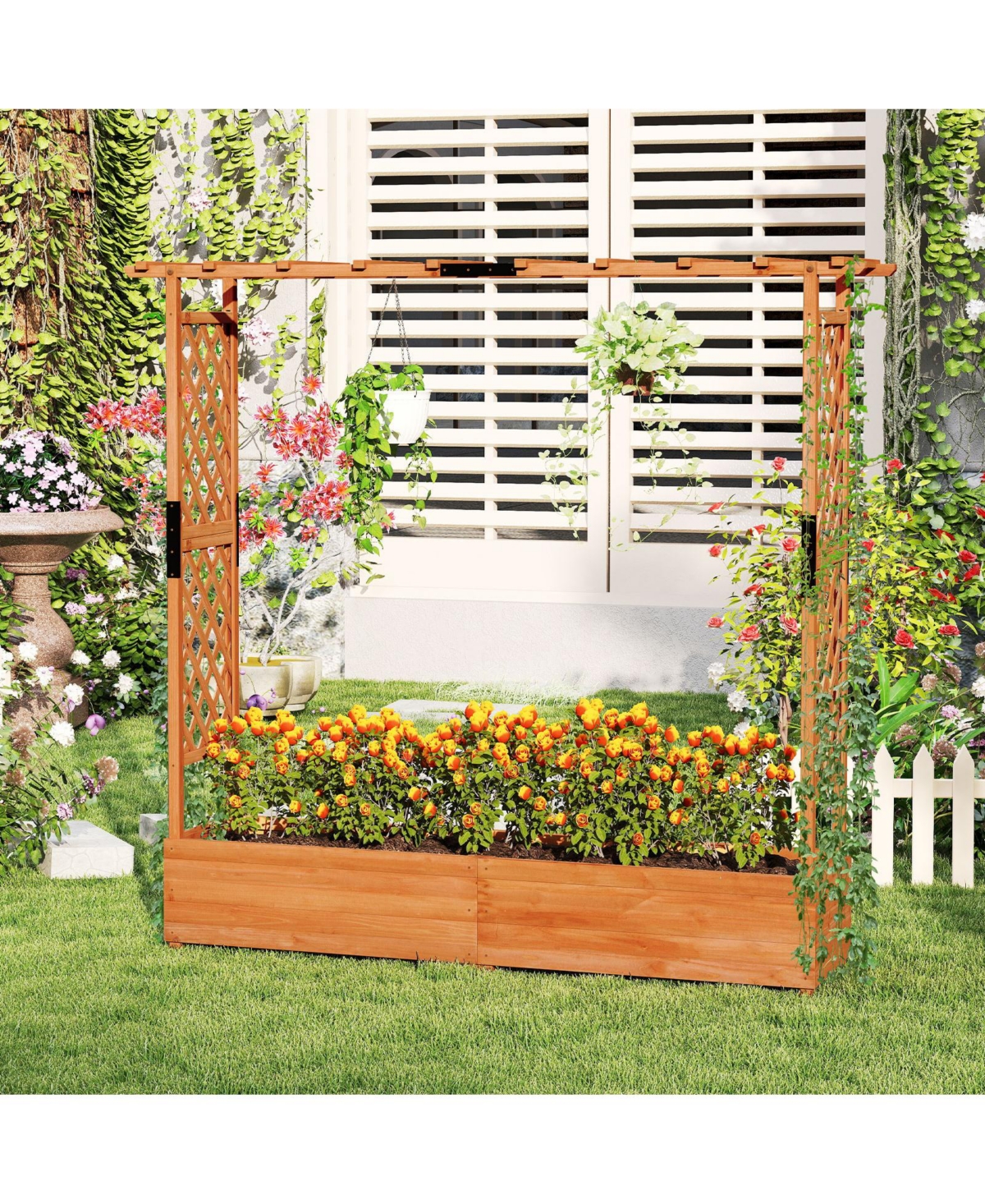 Gymax 2PCS Raised Garden Bed Planter Box w/ Side & Top Trellis for Vine Climbing Plants