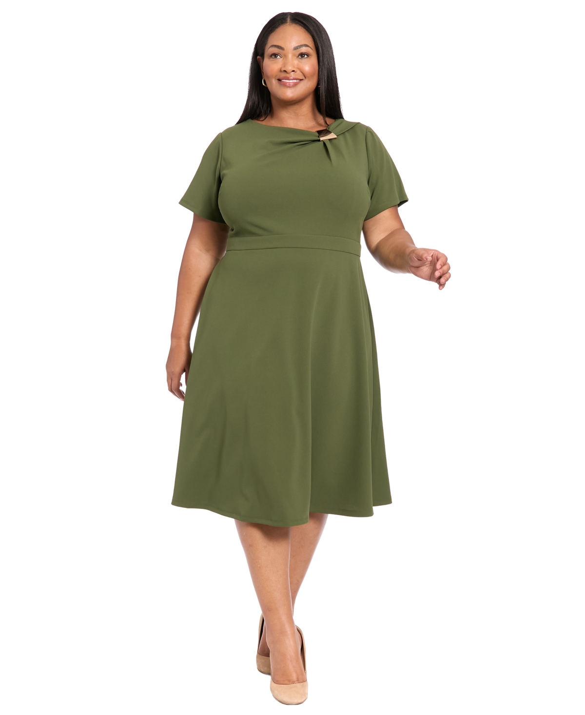 London Times Plus Size Fit And Flare Short Sleeve Dress In Green
