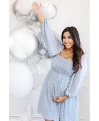 Maternity Pink Textured Dot Smocked Square Neck Chiffon Dress