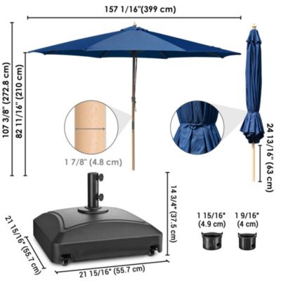13ft XL Heavy Duty Solid Wood Outdoor Patio Umbrella with Base Parasol Wheels Stand for Bistro Market Table Garden Deck Yard Poolside Navy