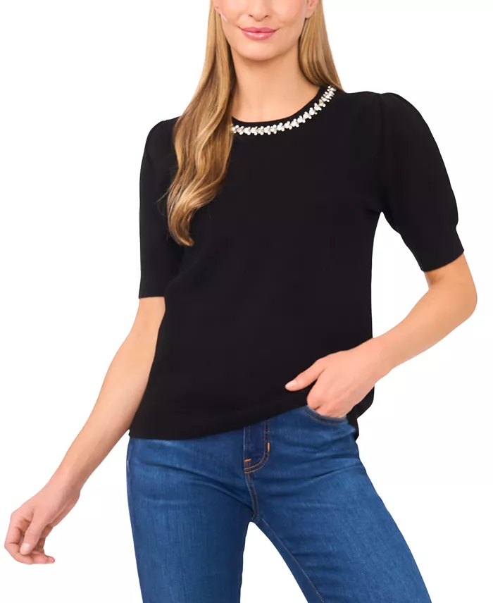 Women's Embellished Neck Trim Short Sleeve Sweater Top - thumbnail 4