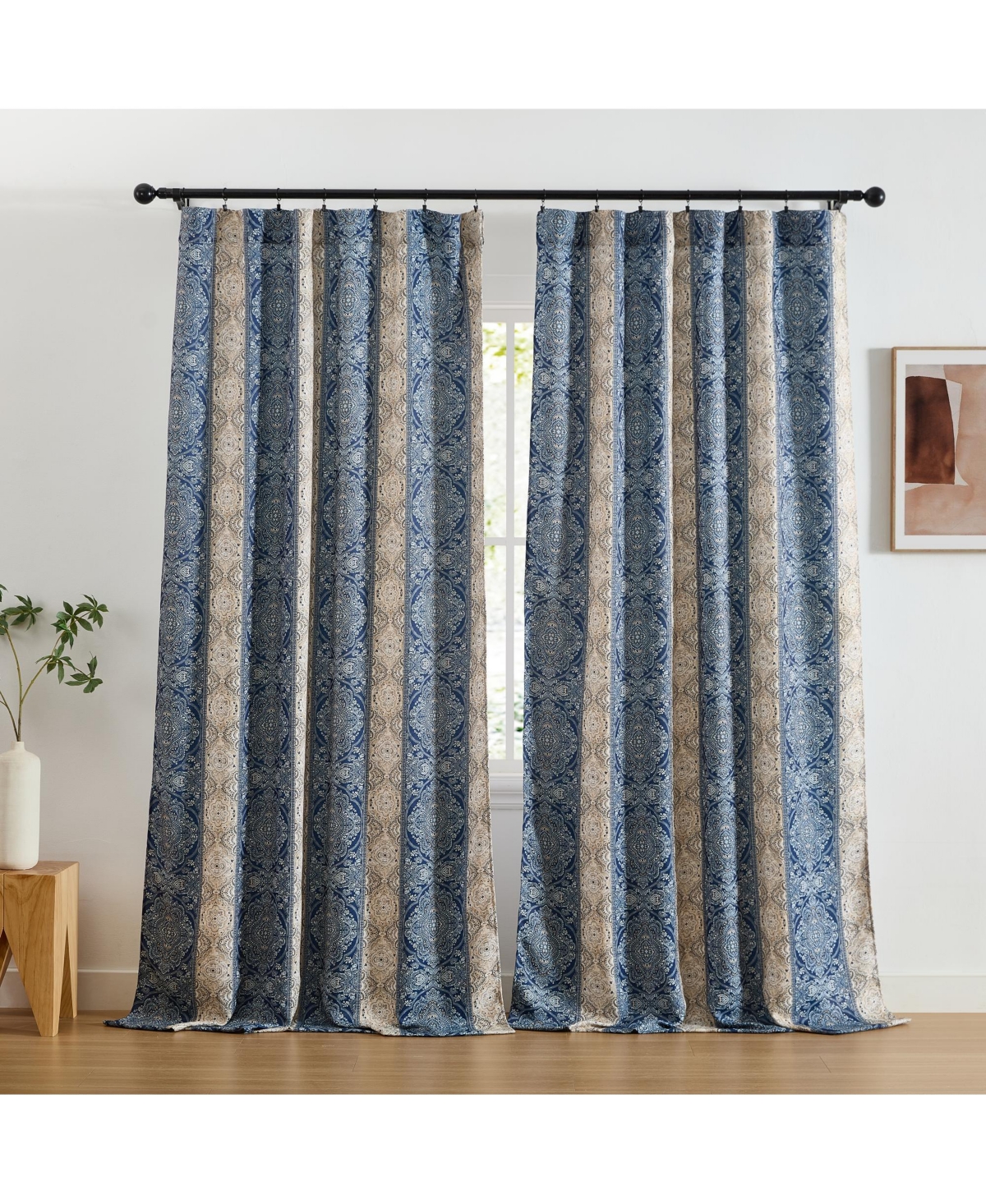Hlc.me William Boho Damask Striped Patterned Window Back Tab Rod Pocket Curtains Bedroom - Light Blocking Darkening Window Panels