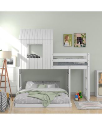 Wooden Twin Over Full Bunk Bed with Playhouse
