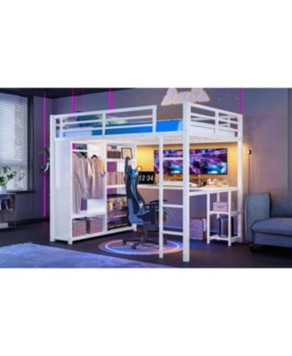 Queen Loft Bed with Wardrobe Desk & Shelves - White