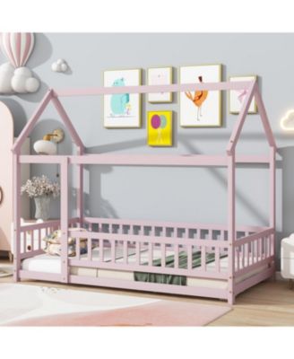 Twin Size House Floor Wooden Bed with Roof Frame Safety Guardrails Pink
