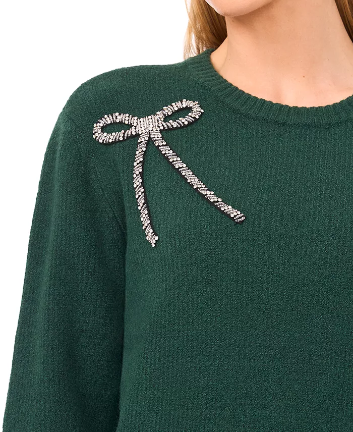 Women's Oversized Crewneck Bow Appliqu&eacute; Long-Sleeve Sweater - thumbnail 8