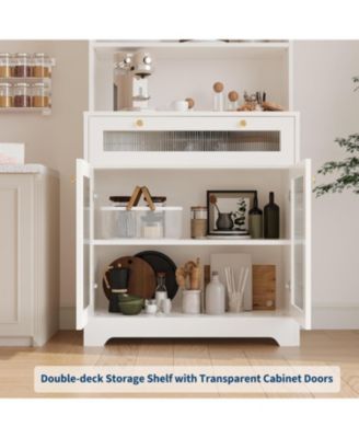 62" Freestanding Kitchen Pantry Cabinet with Glass Doors, Drawer, Countertop and Adjustable Shelves