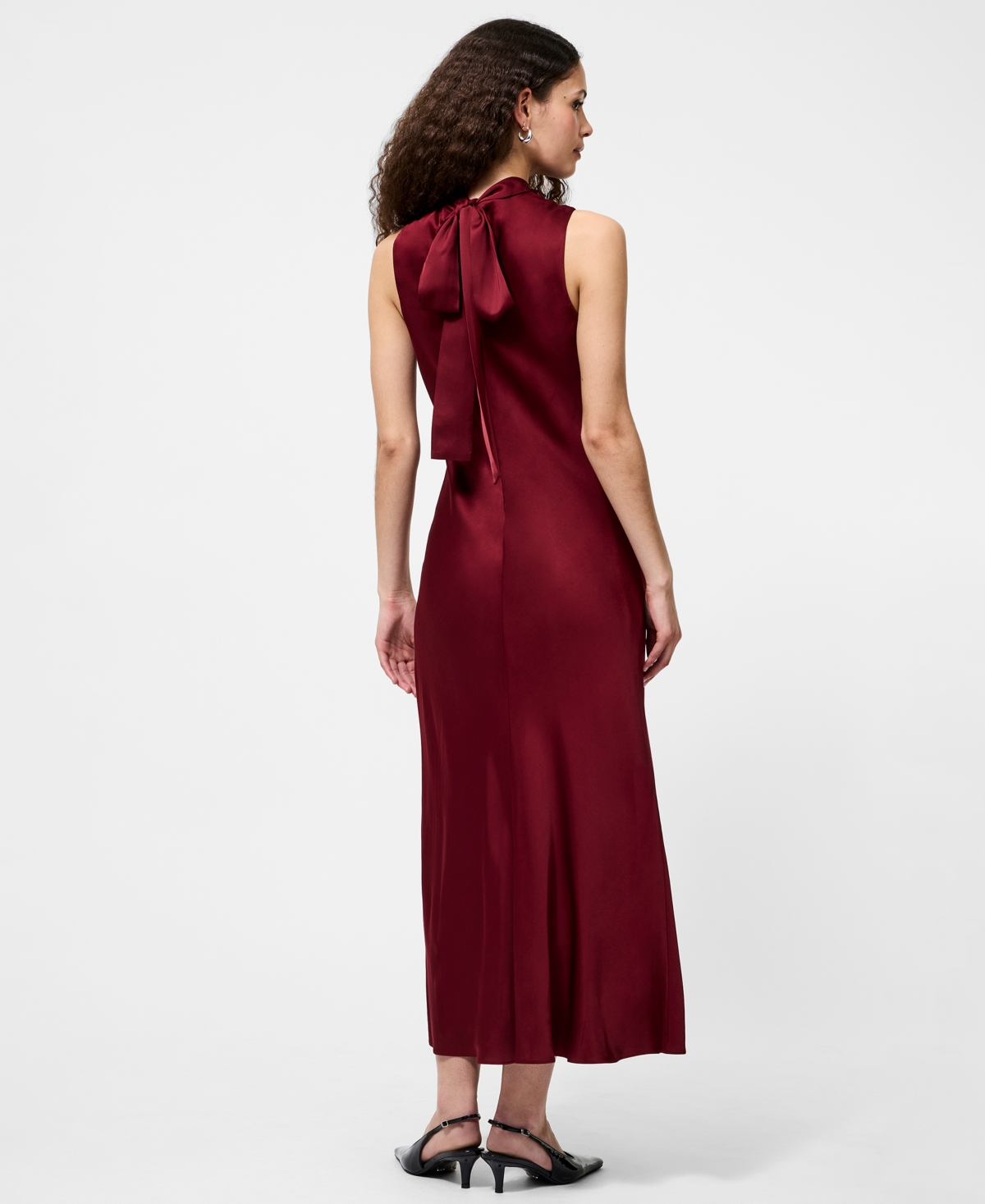 French Connection Ennis Bow Back Sleeveless Satin Maxi Dress In Burgundy