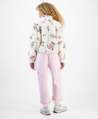 Hiippie Rose Juniors' Floral-Print Half-Zip Sherpa Fleece Top & Sherpa Fleece Cargo Pants