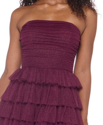 Juniors' Strapless Side-Shirred Tiered Glitter Mini Dress
