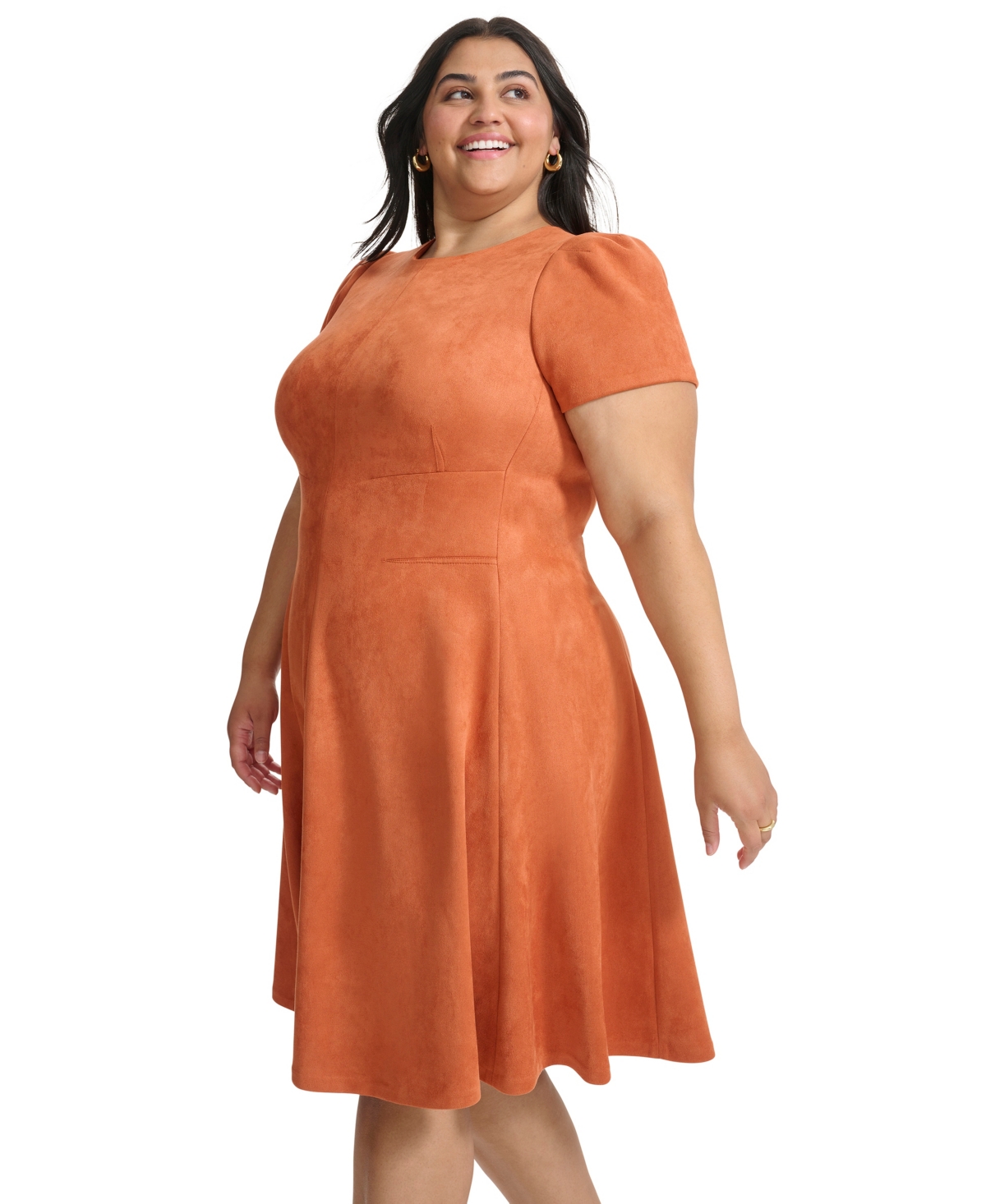 Calvin Klein Plus Size Short Sleeve Fit And Flare Dress In Brown