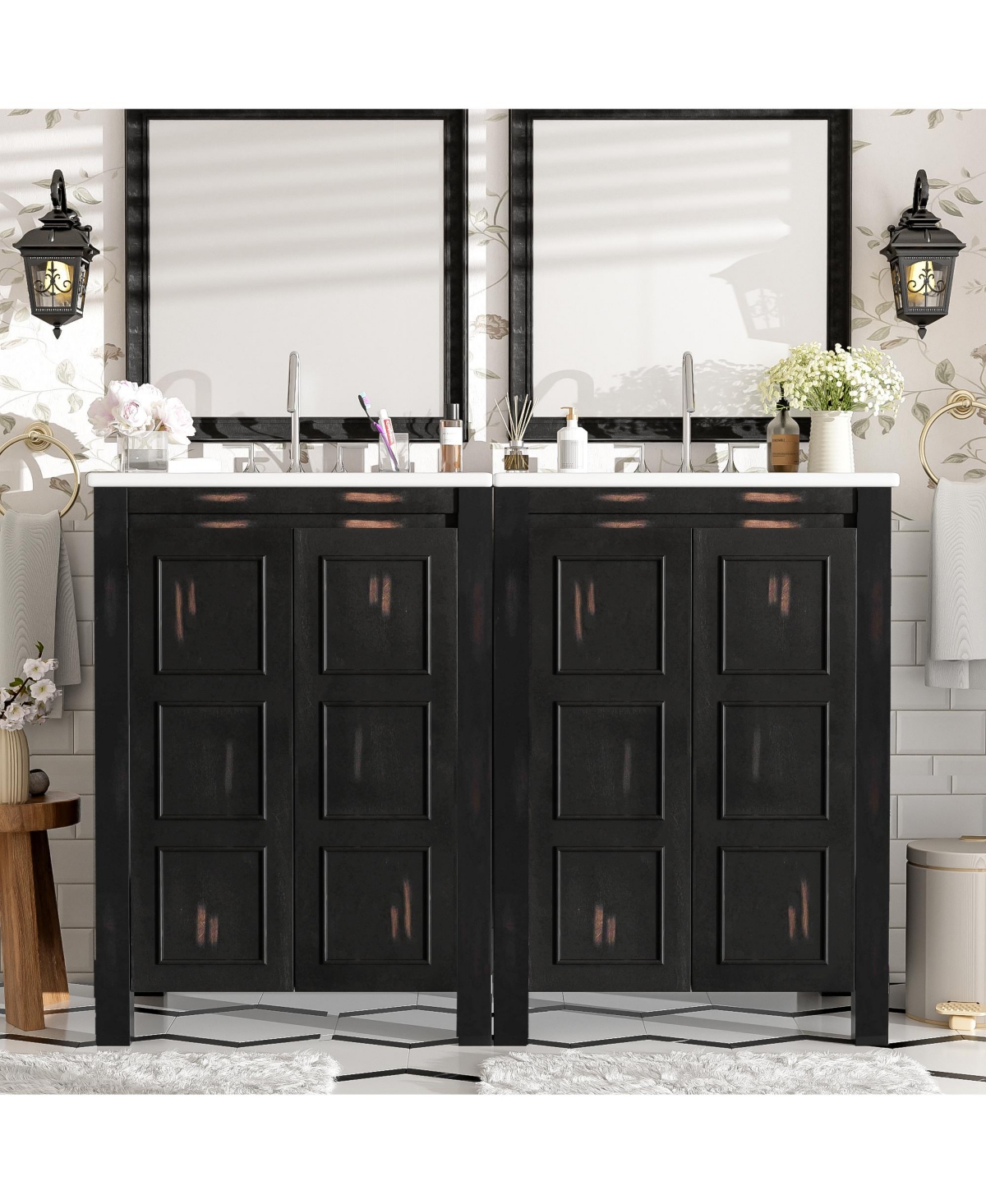 Casainc 48" Bathroom Vanity Combo with Double Ceramic Sinks, Separate Cabinets, Storage Shelf and Soft-Close Doors