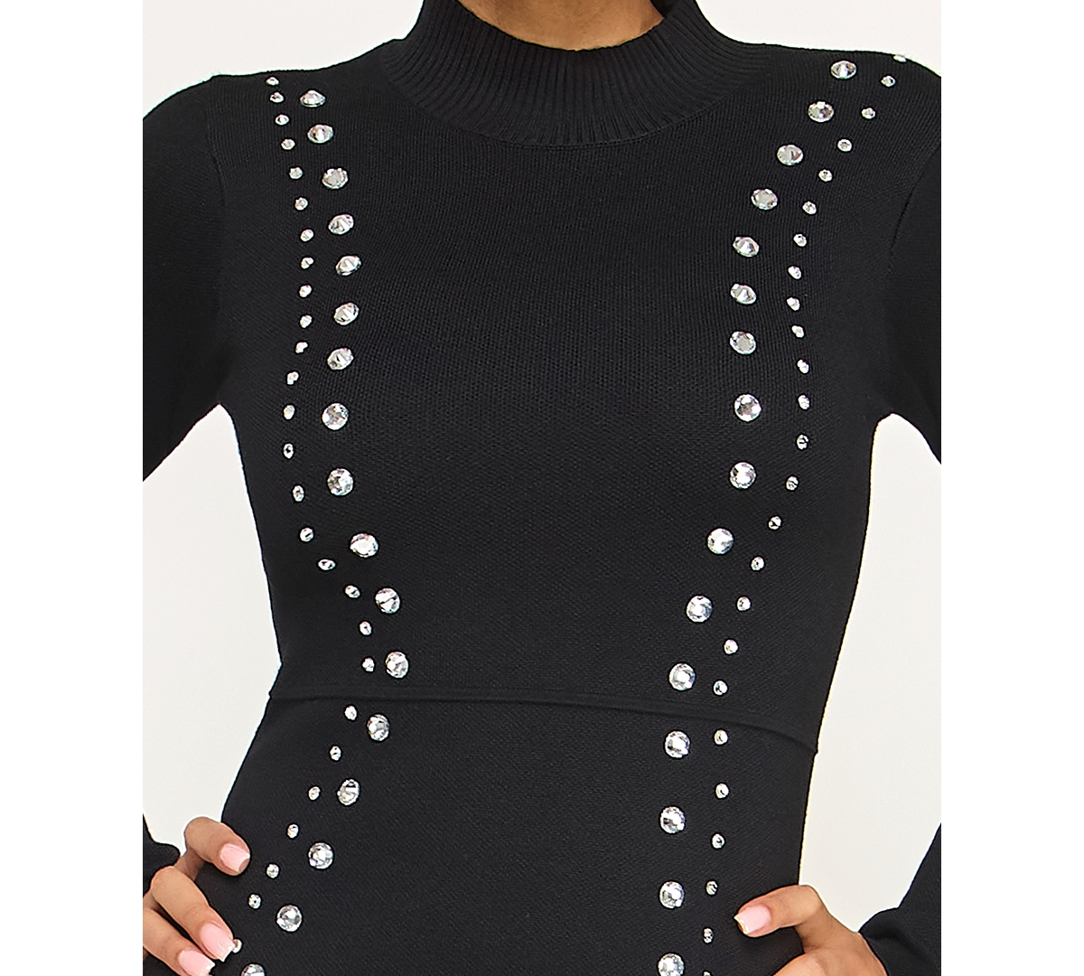 Invitee Juniors' Mock Neck Studded Short Sweater Dress In Black