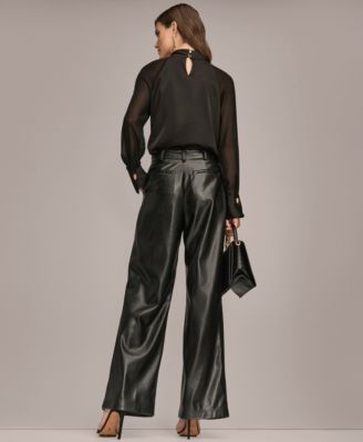 Donna Karan Womens High Neck Mix Media Blouse Pleated Straight Pants In Black