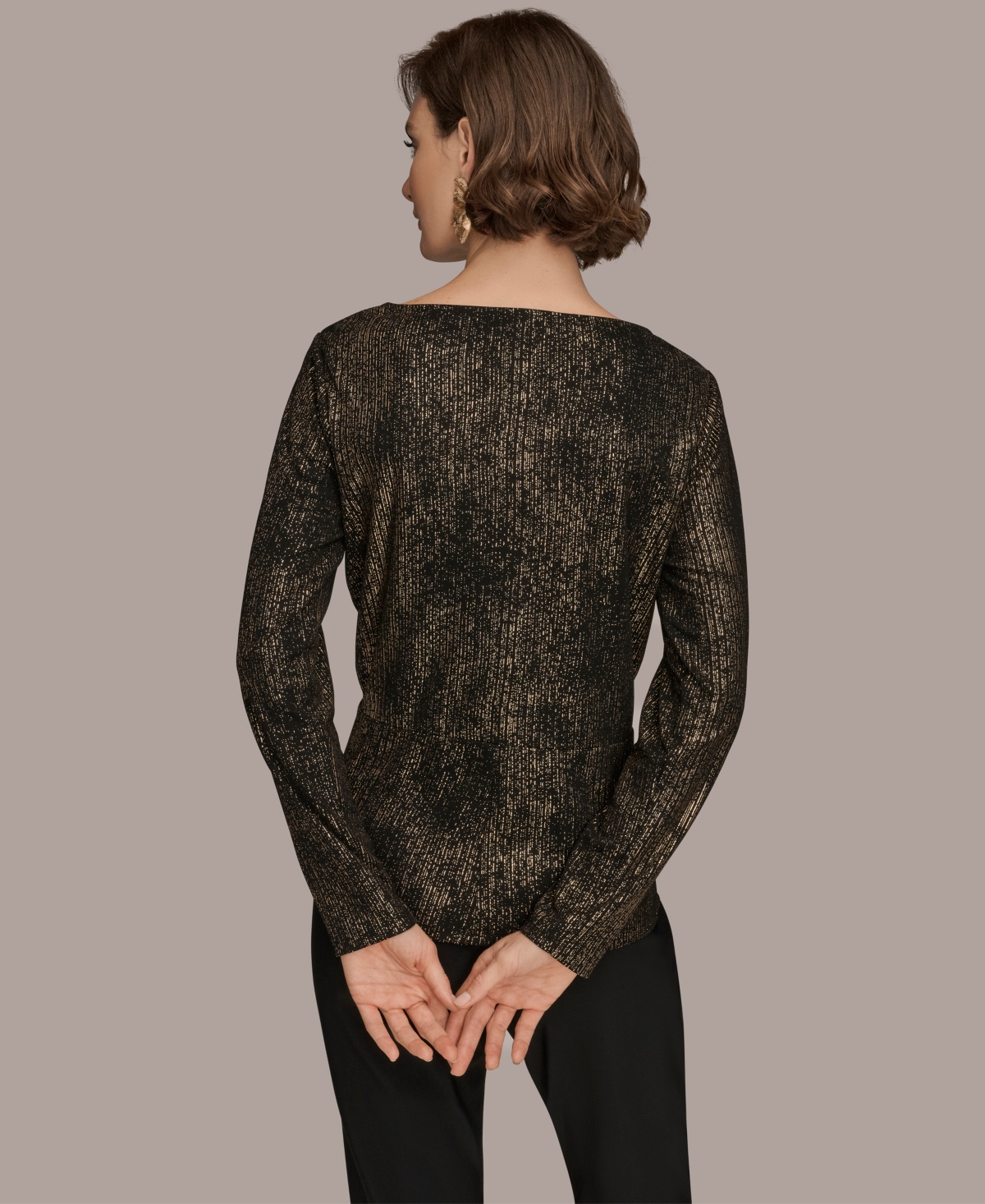 Donna Karan New York Women's Foil Knit Cinch Waist Long Sleeves Top