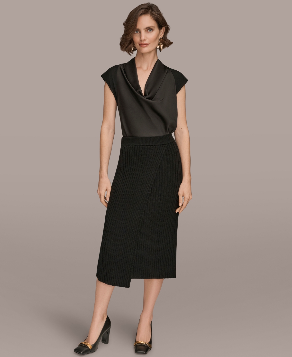 Donna Karan Women's Rib Knit Wrap Midi Skirt In Black