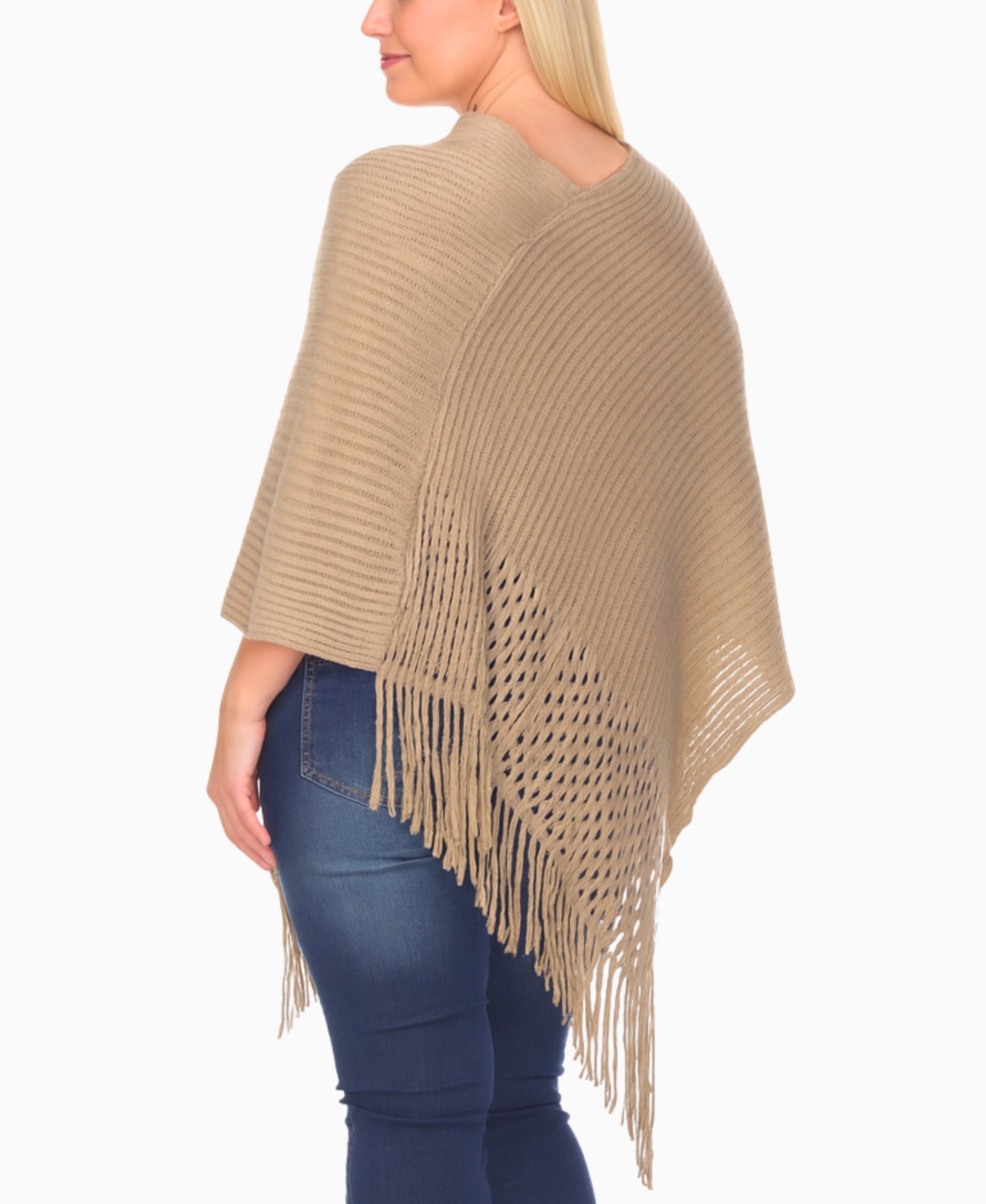 White Mark Plus Size Fringe Knit Pull Over Poncho In Brown