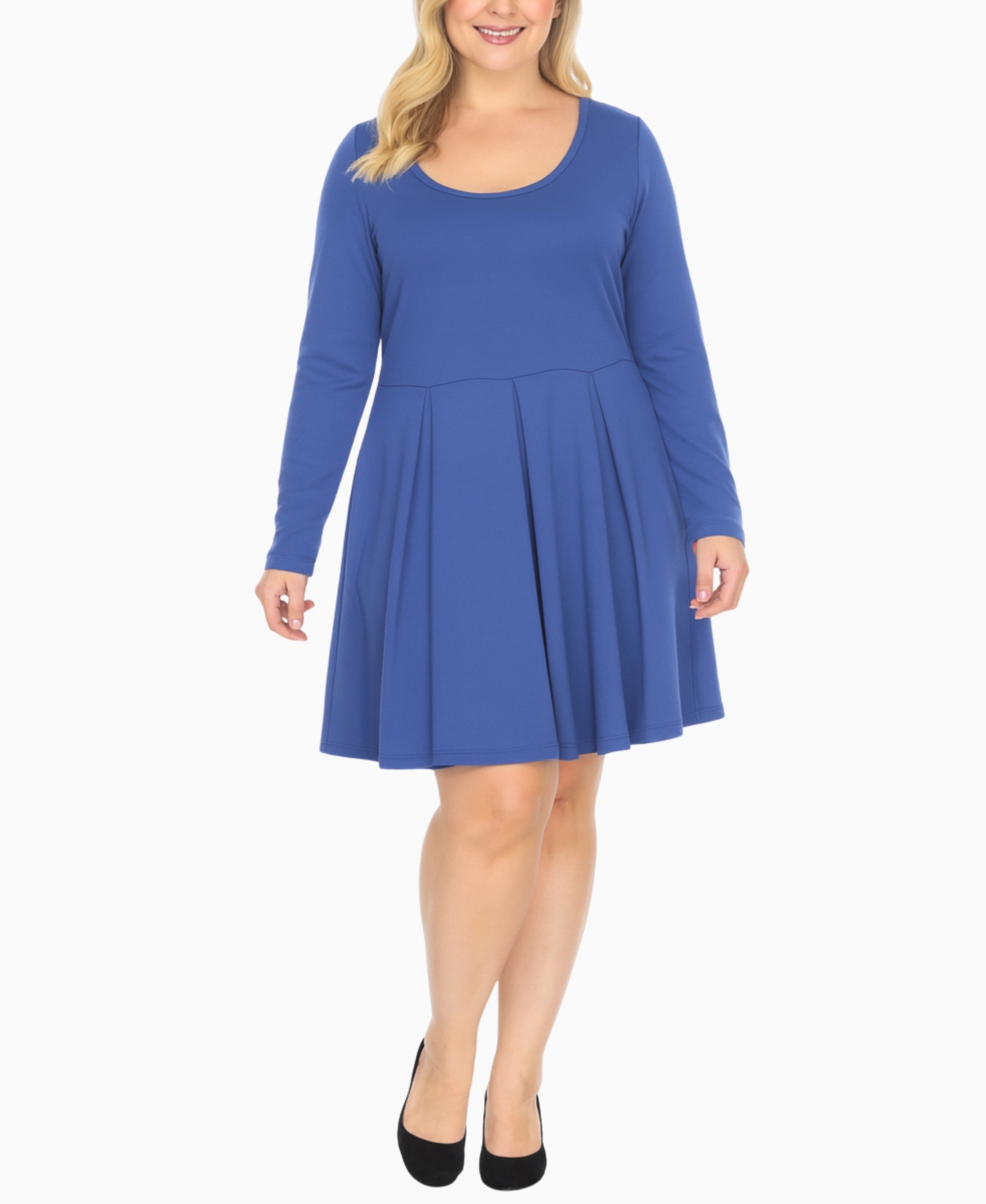 White Mark Plus Size Classic Long Sleeve Fit And Flare Dress In Blue