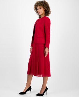 Kasper Womens Collarless Open Front Blazer Pleated Pull On Skirt In Red