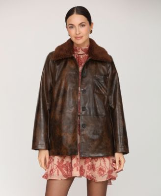 Women's Leather Contrast Collar Coat