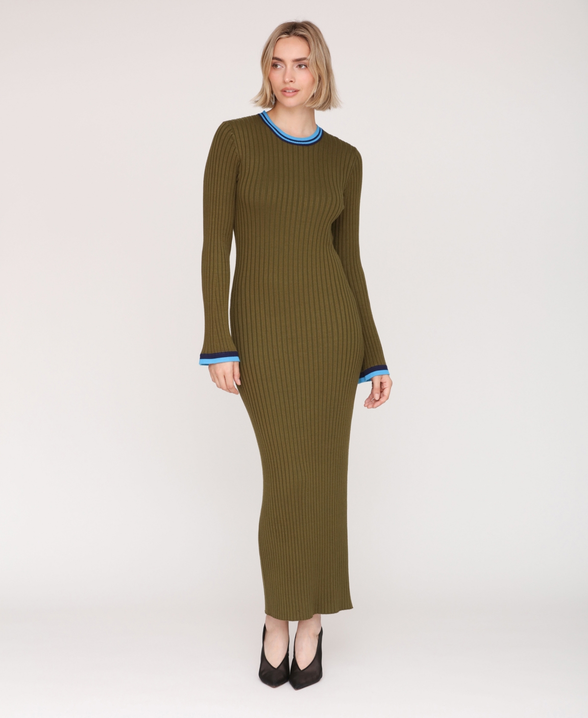 Avec Les Filles Women's Long Sleeve Ribbed Neck Maxi Dress In Green