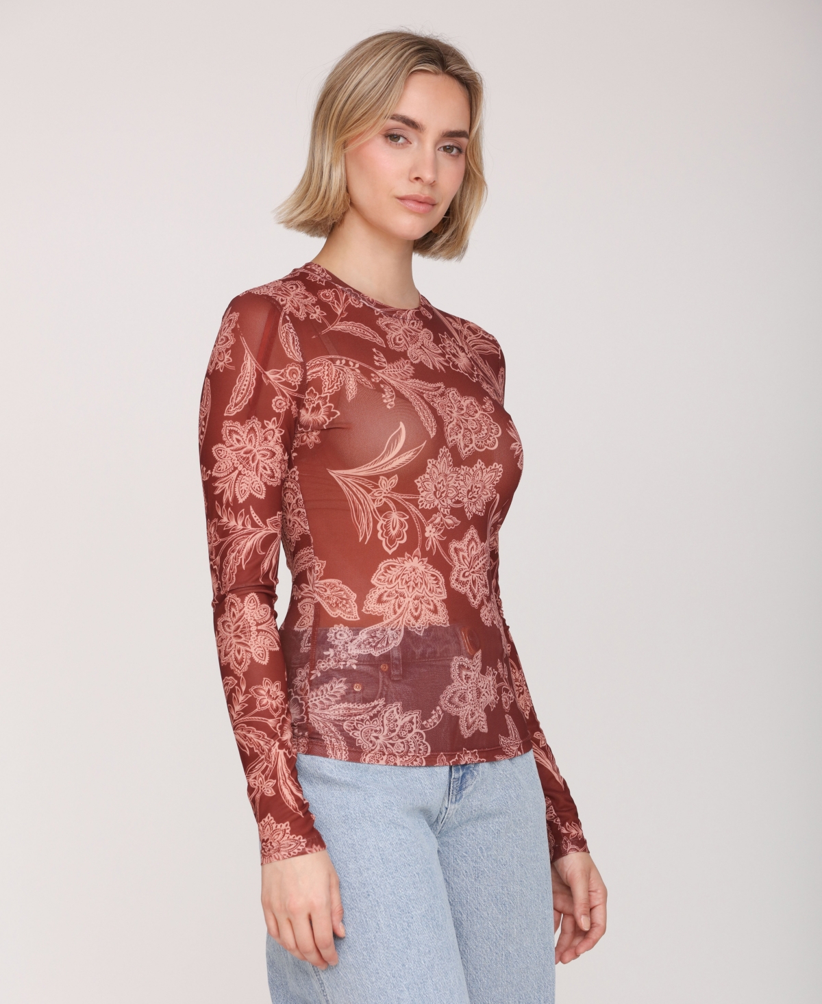 Avec Les Filles Women's Mesh Crew Neck Long Sleeve Top