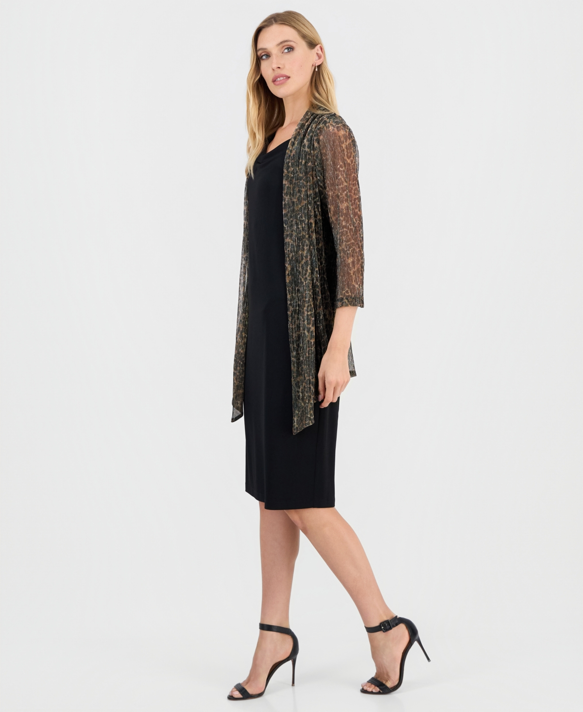 Connected Women's Metallic Jacket & Cowl-neck Dress Set In Black