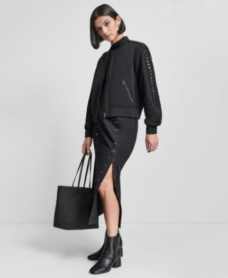 Women's Round Neck Double Weave Grommet Bomber Jacket