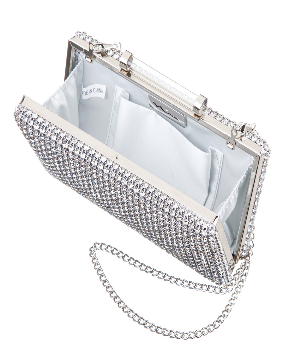 Nina Mini Crystal Encrusted Minaudiere Lift Lock Clutch In Gray