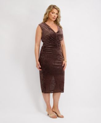 Plus Size Ruched Front Velvet Midi Dress