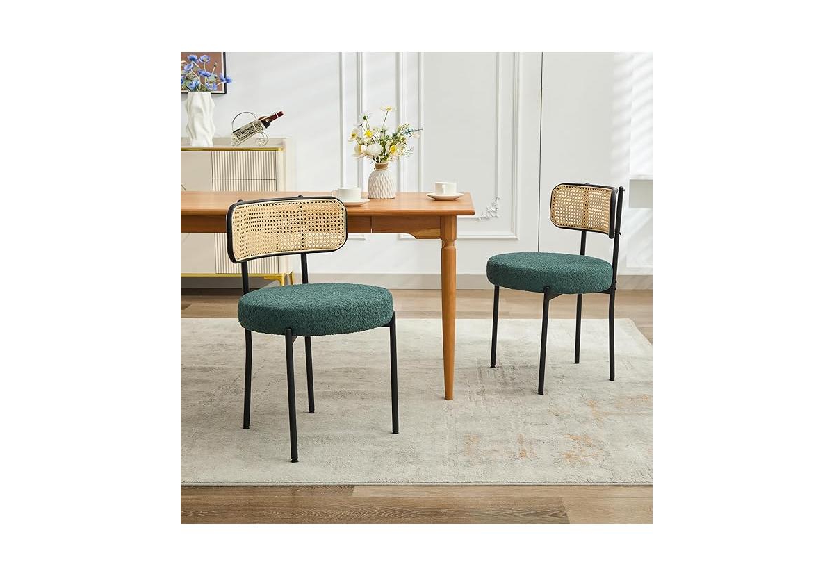 Dyhome Mid-Century Modern Dining Chairs, Dining Room Chairs Set of 2 with Rattan Cane Back, Upholstered Boucle Dining Chairs with Metal Legs