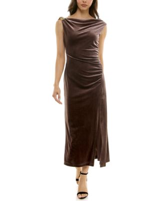 Petite Side Ruched Sleeveless Velvet Midi Dress