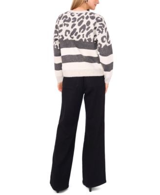Women's Cozy Crewneck Animal-Print Stripe Long-Sleeve Sweater