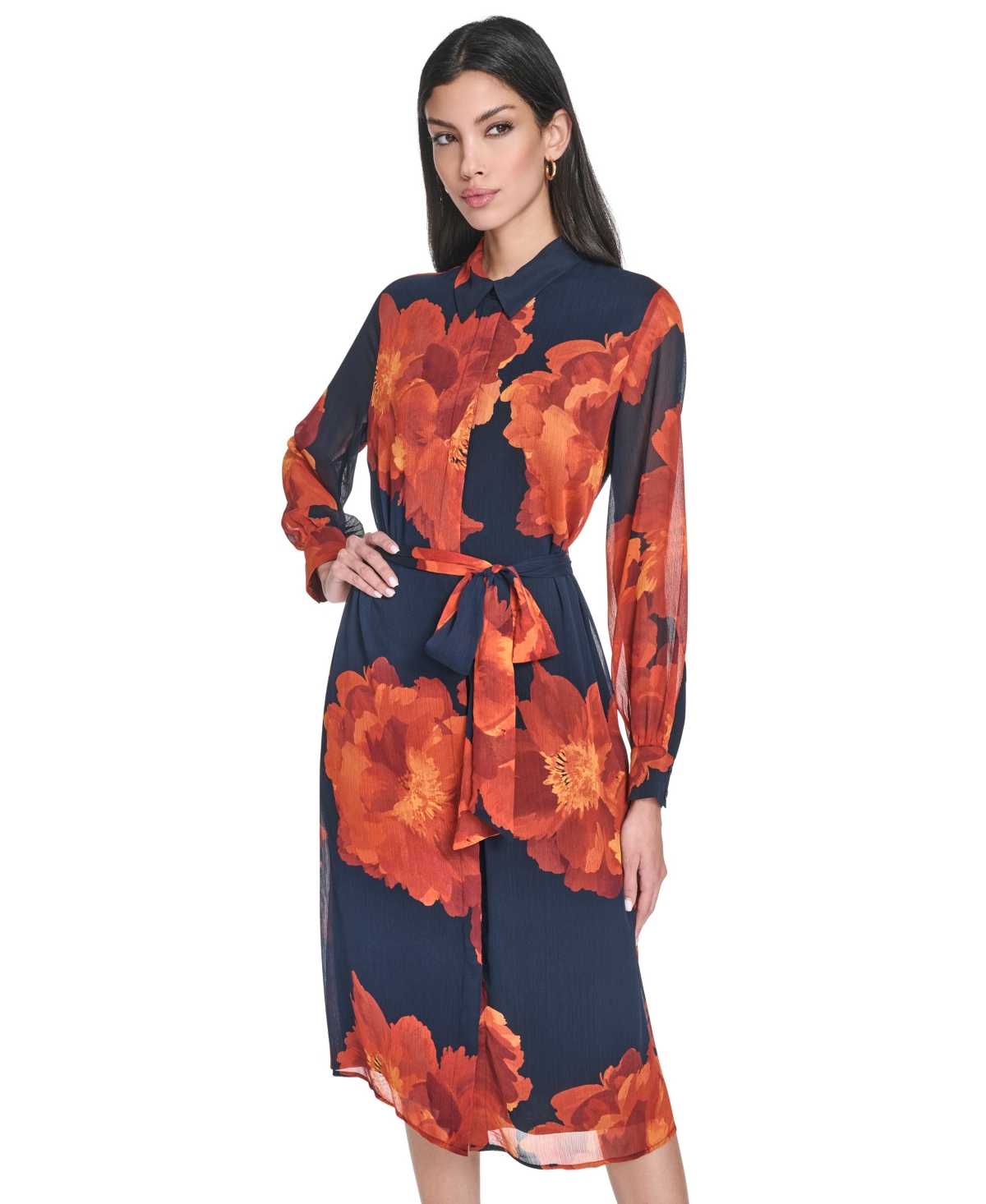 Calvin Klein Petite Printed Button Front Midi Shirtdress In Blue